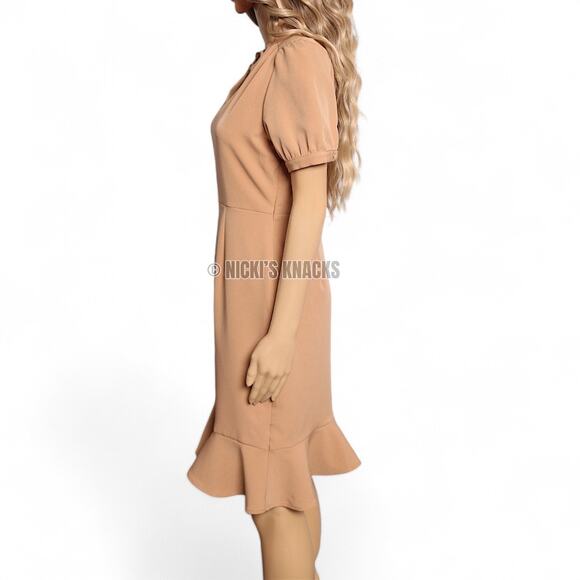 Nanette Lepore Puff Sleeve Fit & Flare Ruffle Hem Dress Beige Neutral Size 2 - Picture 5 of 12